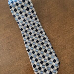 LUGANO men’s tie 100% Silk Blue Geometric Design  Made in Italy